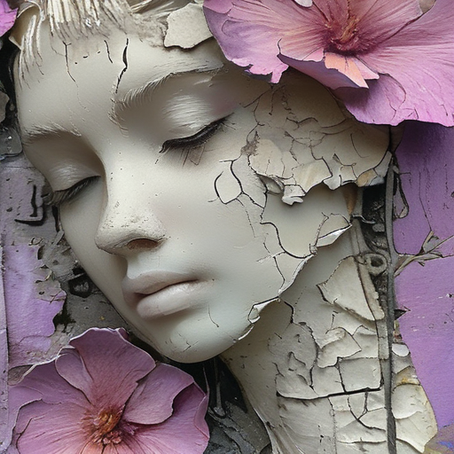 <lora:artfullyparched-v1-000014:1>,
old papert,aerial view,carved books,cracked,distressed edges,dreamy and romantic compositions,fine lines,in the style of broad palette knife marks,in the style of pale palette,in the style of rustic texture,letterboxing,organic sculpting,raw versus finished,rectangular fields,torn,whitewashed narratives,tarot art with flower carvings,apocalypse art,concept art,detailed rendering,dramatic,embossed paper,installation creator,light silver and light purple,light gray and magenta,neo-concrete art,this piece of art looks like a painted face,book art installations,dark white and light violet,daydreampunk,detailed textures,text-based mixed media,layered stencil work,in the style of floral surrealism,