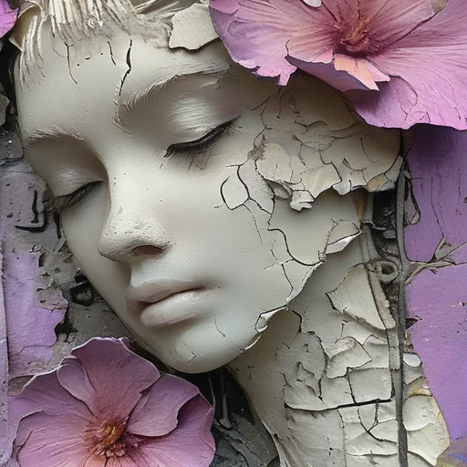 <lora:artfullyparched-v1-000014:1>,
old papert,aerial view,carved books,cracked,distressed edges,dreamy and romantic compositions,fine lines,in the style of broad palette knife marks,in the style of pale palette,in the style of rustic texture,letterboxing,organic sculpting,raw versus finished,rectangular fields,torn,whitewashed narratives,tarot art with flower carvings,apocalypse art,concept art,detailed rendering,dramatic,embossed paper,installation creator,light silver and light purple,light gray and magenta,neo-concrete art,this piece of art looks like a painted face,book art installations,dark white and light violet,daydreampunk,detailed textures,text-based mixed media,layered stencil work,in the style of floral surrealism,