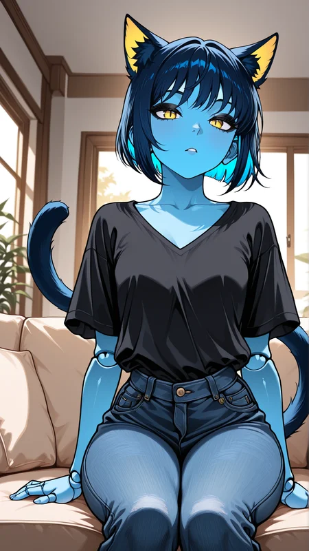masterpiece, best quality, amazing quality, absurd res,
Flatline, Flat vector illustration, masterpiece, best quality, good quality, very aesthetic, absurdres, newest, 8K, depth of field, focused subject, dynamic closeup angle,
<lora:Capek_mrbalderus_for_Illustrious:0.7> 1girl, c4pek, cat ears, cat tail, short hair, colored skin, blue skin, yellow eyes, joints, blue hair, black eyeshadow, medium hips, short, dark blue ears, dark blue tail, gold inner ear,
shirt, jeans, indoors, living room, window, sitting on couch,
<lora:Itagaki_Style_Baki_for_Illustrious:1> itagak1_style