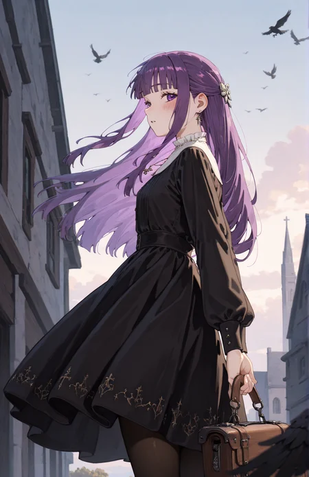 perfect quality,high quality,masterpiece,best quality,amazing quality,very aesthetic,absurdres,Cinematic Lighting,newest,Tactical use of shadow,
FERNCYQL,1girl,solo,purple hair,blunt bangs,straight hair,sidelocks,purple eyes,long hair,
dress,lolitafashion,bird,gothiclolita,blackdress,frills,crow,feathers,longsleeves,pantyhose,frilleddress,bow,dutchangle,cross,frombehind,standing,jewelry,blurry,layereddress,holding,lolitaoutdoors,lookingatviewer,profile,toomany,scenery,blackpantyhose,depthoffield,lookingback,partedlips,blackbow,fromside,necklace,animal,flock,closedmouth,blush,feetoutofframe,puffysleeves,sky,blurryforeground,gothfashion,holdingjewelry,building,blackfeathers,day,floatinghair,whitebackground,wings,
<lora:spo_sdxl_10ep_4k-data_lora_webui:0.5>,<lora:EtherSDXL:0.6>,EtherStyle,<lora:illustrious_quality_modifiers_masterpieces_v1:0.7>,<lora:FERN_Illustrious by Cyql:1>,