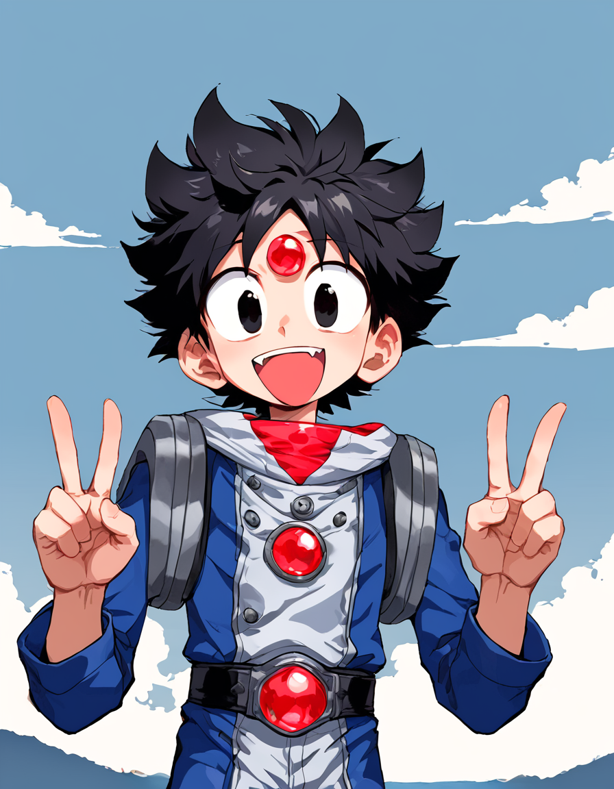 score_9, <lora:sdxl_lightning_8step_lora:0.1> source_anime, rating_safe BREAK 1boy, solo,
kanata,  black hair, short hair, black eyes, big eyes, wide-eyed, messy hair, spiked hair, silver armer, silver shoulder arms, black long sleeve, chest round red gem,forehead round red gem, belt round red gem, blue and white bodysuit, emblem, badge, red boots,
upper body, sunny outdoors, double v,  <lora:ichibanyu-no-kanata:5>