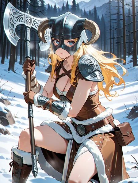 dovahkiin armor, 1girl, horned helmet, solo, axe, long hair, blonde hair, blue eyes, brown gauntlets, holding axe, brown knee boots, cleavage, shoulder armor, looking at viewer, snow, winter
masterpiece,best quality,amazing quality,very aesthetic,absurdres,newest,<lora:Dovahkiin illuXL v1:0.78>,