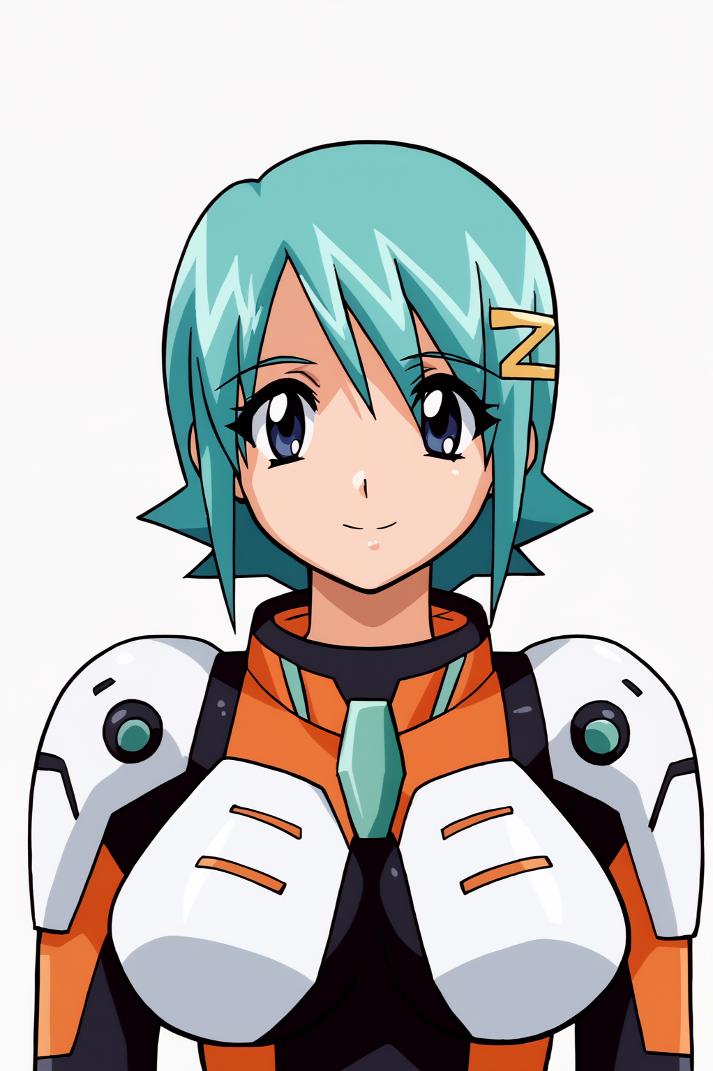 <lora:Divergence_Eve2:0.8>, white background, Kiri Marialate, solo, smile, short hair, hair ornament, upper body, aqua hair, bodysuit, pilot suit