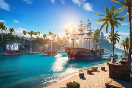 (masterpiece:1.2), (best quality,:1.2), 8k, HDR, ultra detailed, ((photorealistic)), A landscape view of a a city by the sea in the afternoon. Pirate ships docked unloading cargo, waving palm trees. afternoon sun, blue sky, calm sea, no people, professional light, cinematic lighting, ambient lighting, sunset,