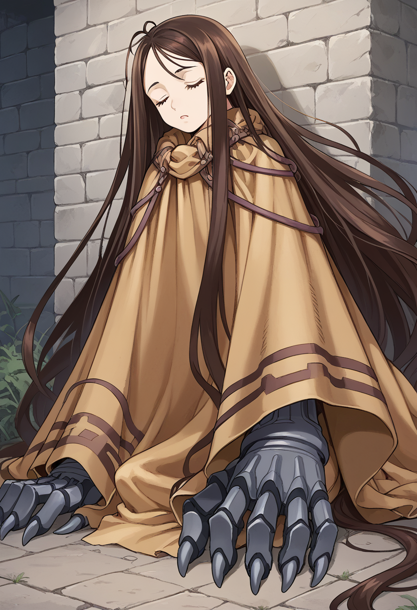 Chun_Hyang, sitting, looks down, full body, closed cloak, very long hair, solo, 1girl, closed eyes, sleep, covered excessive big claw \(weapon\), grey ground background