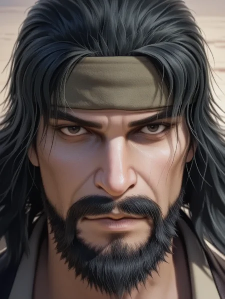 tanghao, facial hair, headband, black hair, realistic, mustache, masterpiece, best quality, amazing quality, newest