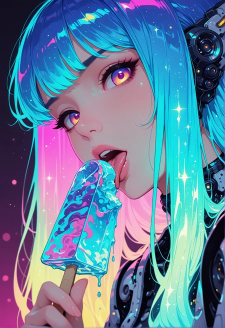 <lora:ck-shadow-circuit-IL:0.78>,
masterpiece, best quality, good quality, very aesthetic, absurdres, newest, 8K, depth of field, focused subject,
close up, dynamic angle, dutch angle, wabi sabi, woman, licking ice cream, holographic ice cream, holofoil glitter ice cream, faint, glowing, ethereal, neon hair, glowing hair, long hair, looking at viewer, sci-fi,
<lora:MoriiMee_Gothic_Niji_Style_Illustrious_r1:0.45>
<lora:ck-nc-cyberpunk-IL-000011:0.4>
<lora:ck-neon-retrowave-IL:0.8>