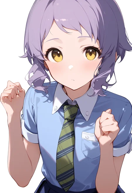 1girl,checkered necktie,makabe mizuki,solo,blue shirt,short sleeves,wing collar,looking at viewer,green necktie,white background,dot nose,light blush,blue skirt,breast pocket,closed mouth,pleated skirt,expressionless,simple background,flat chest,hands up,upper body,<lora:a31_char_new_makabe_mizuki-000014:1>masterpiece, best quality, absurdres<lora:a31_style_koni-000010:0.8>