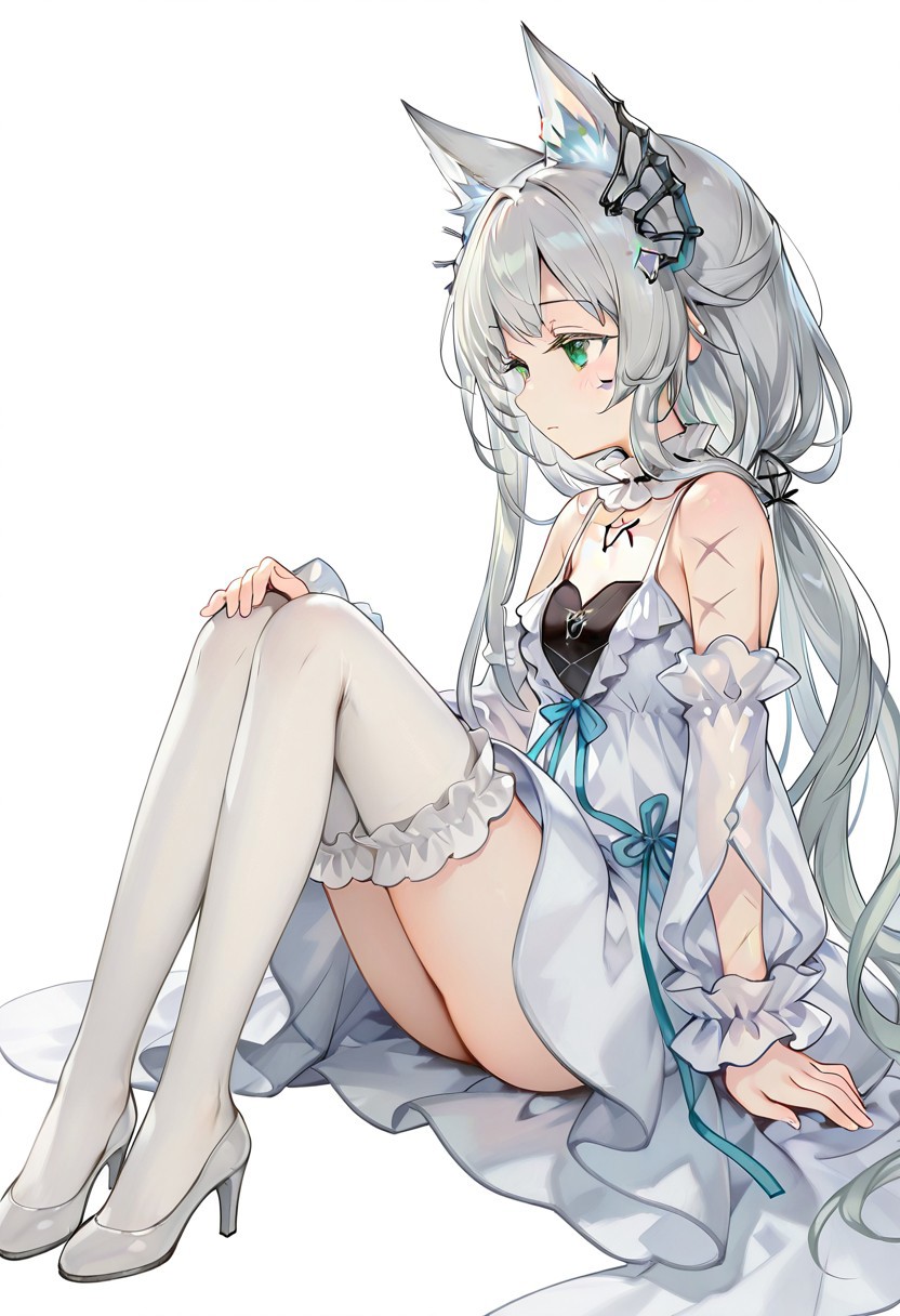 artist:Tsunako,(artist:miyase mahiro:0.55),(artist:ke-ta:0.8),masterpiece,best quality,amazing quality,1girl,  rosmontis(arknights),rosmontis,arknights,grey hair,green eyes,yinlvlianjue,white thighhighs,heels,white footwear,frilled,strap dress,detached sleeves,detached collar,hair_ornaments,sitting,from side,knees up,arm scar,white background,