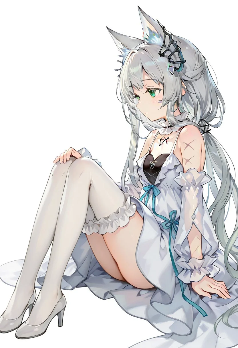 artist:Tsunako,(artist:miyase mahiro:0.55),(artist:ke-ta:0.8),masterpiece,best quality,amazing quality,1girl, rosmontis(arknights),rosmontis,arknights,grey hair,green eyes,yinlvlianjue,white thighhighs,heels,white footwear,frilled,strap dress,detached sleeves,detached collar,hair_ornaments,sitting,from side,knees up,arm scar,white background,