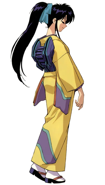 masterpiece,best quality,amazing quality,
<lora:kamiyakaoruNAI:1>,kamiyakaoru,
1girl,solo,black hair,bangs,ponytail,green scrunchie,yellow kimono,orange accent,green and purple obi,white tabi,geta,full body,standing,from side,smile,closed eyes,