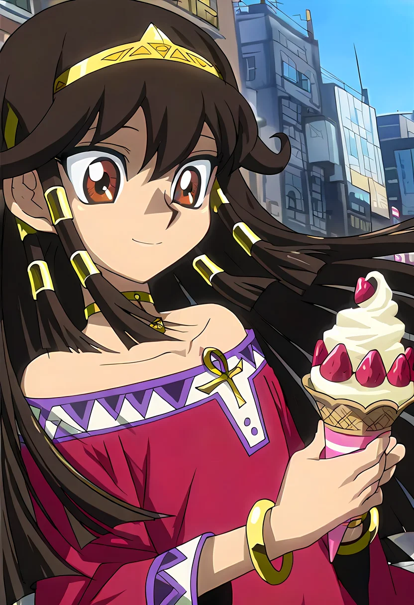 <lora:quartet-illustrious2:0.3> masterpiece ,1girl, happy, smile, holding strawberry ice cream, city, flowing hair, outdoors, blue sky, looking down, <lora:Sera IL:1> sera,solo,1girl,long hair,hair tubes,brown eyes,hairband,brown hair,jewelry,bare shoulders,tiara,collarbone,choker,bracelet,dress,red dress,black hair,neck ring,upper body