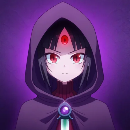 mana_sk style, portrait, focus on face, a mysterious shadow assassin girl with sleek black hair and sharp crimson eyes, wearing a hooded cloak lined with dark purple accents, her face partially hidden by shadows, faint glimmers of daggers in her hands, Japanese RPG style, stealthy and enigmatic atmosphere, intricate details on her cloak and dagger glimmers