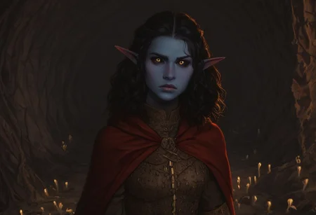 safe_pos, solo, short pointy ears, piercings, nord woman, random elf face, aquiline features, dark elf, weathered skin, large nose, animated realism, zoomed out, Syrian features, torso, subterranean, glowing mushrooms, mushroom forest, cave enviroment, large cavern, gloomy lighting, ancient ruins, interior, dark soil floor ,grey-blue skin, scarlet and gold clothes, medium armor, bone plate armor, ivory straps and fittings, grey wood neckguard, dark red sclera, black pupils, distant mushroom forest, blue-green light, neon, highly detailed, defined features, looking at viewer, three quarters view, from above, dynamic lighting, 36 years old, light and shadows, patterned cloth, determined expression, expressive eyes, detailed medieval clothes, medium_breasts, medium hair, wavy hair, thick hair, beaded hair, braided hair, under cut hair, semirealistic, alien elf, spanish features, jewish features, black hair, dark red hair, umber skin, sharp features, red persian print cloak, nighttime, high detail, absurdres, pretty eyes, detailed eyes, yellow eyes,