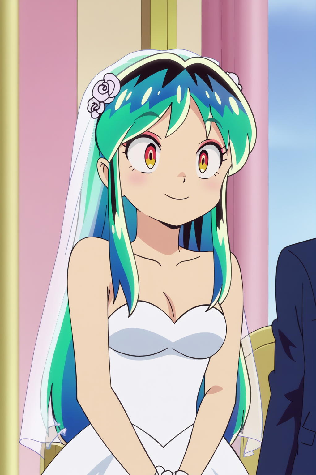anime screencap, consistent background,   Lum, upper body, light smile, wedding dress <lora:Private_Urusei_Yatsura_2022_-_Lum_-_PDXL:0.8>