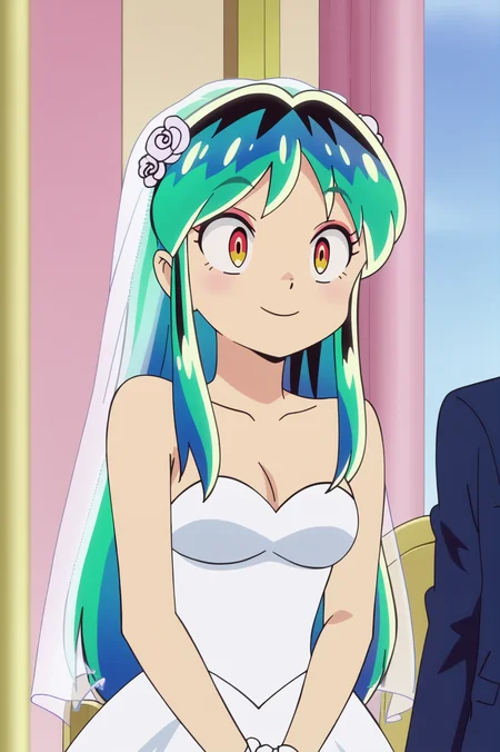 anime screencap, consistent background, Lum, upper body, light smile, wedding dress <lora:Private_Urusei_Yatsura_2022_-_Lum_-_PDXL:0.8>