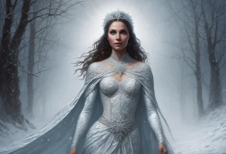 aidmafluxpro1.1,
A regal figure emerges from the swirling snowstorm, her porcelain skin illuminated only by the faint moonlight casting an eerie glow. Frosty mist shrouds her ethereal form as she stands amidst the frozen wilderness, a cruel portrait of divinity's creature come to life on this fateful eve. The high-resolution image captures every intricate detail, from the delicate lace of her gown to the snowflakes dancing around her, as if suspended in time. Zoroaster