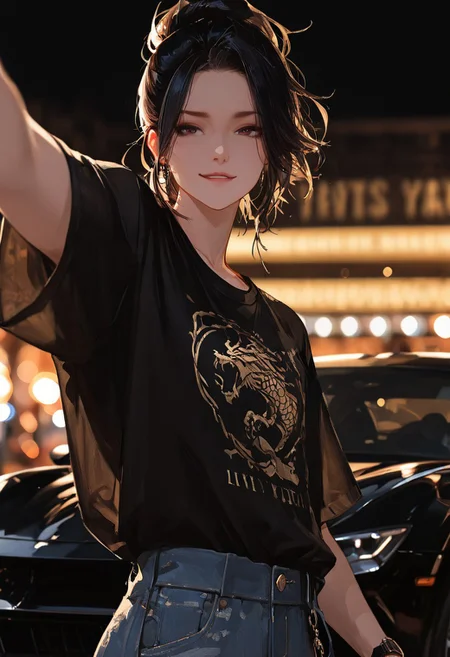 masterpiece, best quality, good quality, very aesthetic, absurdres,
newest, 8K, depth of field, focused subject,visual storytelling,dynamic composition,
close up, stylized, scenery, bokeh,blurred background,
Black Myth Wukong, male sun wukong,
chinese mythology,( dynamic pose:1.3), smirking face,
upper body focus,
casual clothes, wearing luxurious jeans and luxurious black t-shirt with gothic design, expensive black watch
windblown hair,
mythic scale, sakura petals, mystic mist,
cinematic composition, backlighting, volumetric light, vegas city scene, symbolic environment, god-tier illustration,(sketch:1.3), taking a selfie in front of a black lamborghini aventador with spoiler and body kit (car is black, chrome carbon fiber details, chrome rims), night scene under the moon