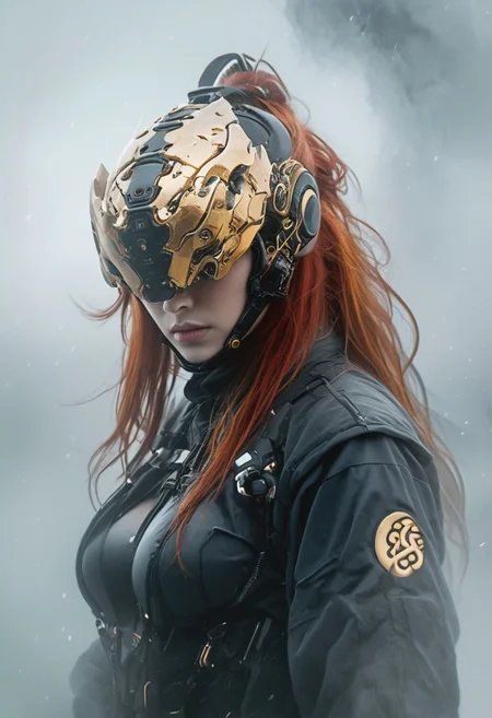 Create a extrahart, mystical, and high-resolution image of an busty female, high details, long red hair, helmet, gold symbol, cybernetic fog in background