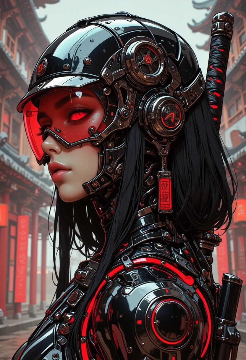 gothic, niji, this digital anime artwork portrays an erotic, sexy asian female cyberpunk robot samurai, helmet with mirrored visor, hyperdetailed helmet, flowing black hair, reflective black and neon red armor, robot joints, body made of metals, cables and wires, a katana strapped to her back, abstract background suggesting eastern temple