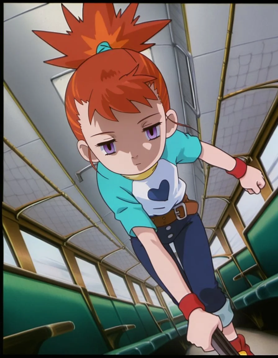 masterpiece, best quality, incoming attack, solo, inside a train background, dutch angle, face close-up,
, skinny, shaded face, empty eyes, expressionless,
<lora:Mind_Controlled_Rika:1>, rik0, 1girl, orange hair, high ponytail, female child, purple eyes, raglan sleeves, yellow turtleneck, belt, blue pants, wristband, red footwear, pants rolled up,
