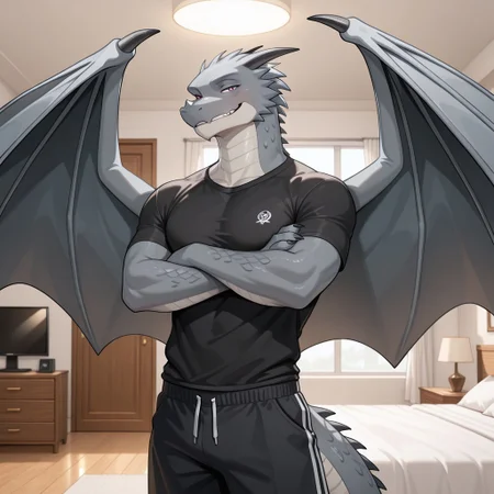 1boy, highres, absurdres, newest, masterpiece, best quality, furry, furry_male, maverick_awsw, dragon, gray scales, tail, scales, claw, wings, red eyes, anthro, detailed eyes, (black t-shirt, black shorts, crossed arms, standing:1.1), smirking, luxurious detailed room, bright room, day scene, professional lighting, white room, solo, bedroom, smiling, looking_at_viewer, masterpiece, close up, safe