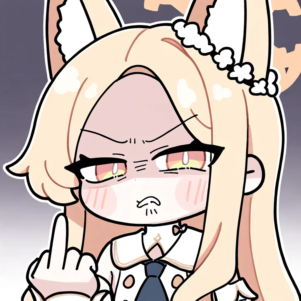 1girl, seia \(blue archive\), chibi, chibi, solo, from front, disgust, very disgusted, disdain, hate, glaring, looking at viewer, wince, dark gradient background, middle finger, head tilt, upper body, best quality, amazing quality, best finished, <lora:NAImiyao:1>