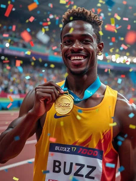 Close-up shot of a triumphant 100-meter runner on the podium, proudly displaying a gold medal with 'Buzz' engraved. The athlete's face beams with joy, muscles glistening with sweat. Vibrant confetti rains down, catching the stadium lights. Background features a packed arena, fans cheering wildly. Colorful 'Buzz 100' banners flutter in the air. High-contrast lighting emphasizes the medal and athlete's expression. Crisp details capture the texture of the medal, the athlete's skin, and the confetti. Shallow depth of field blurs the energetic crowd, focusing on the victorious runner. Vivid colors pop, from the gold medal to the multicolored confetti and banners