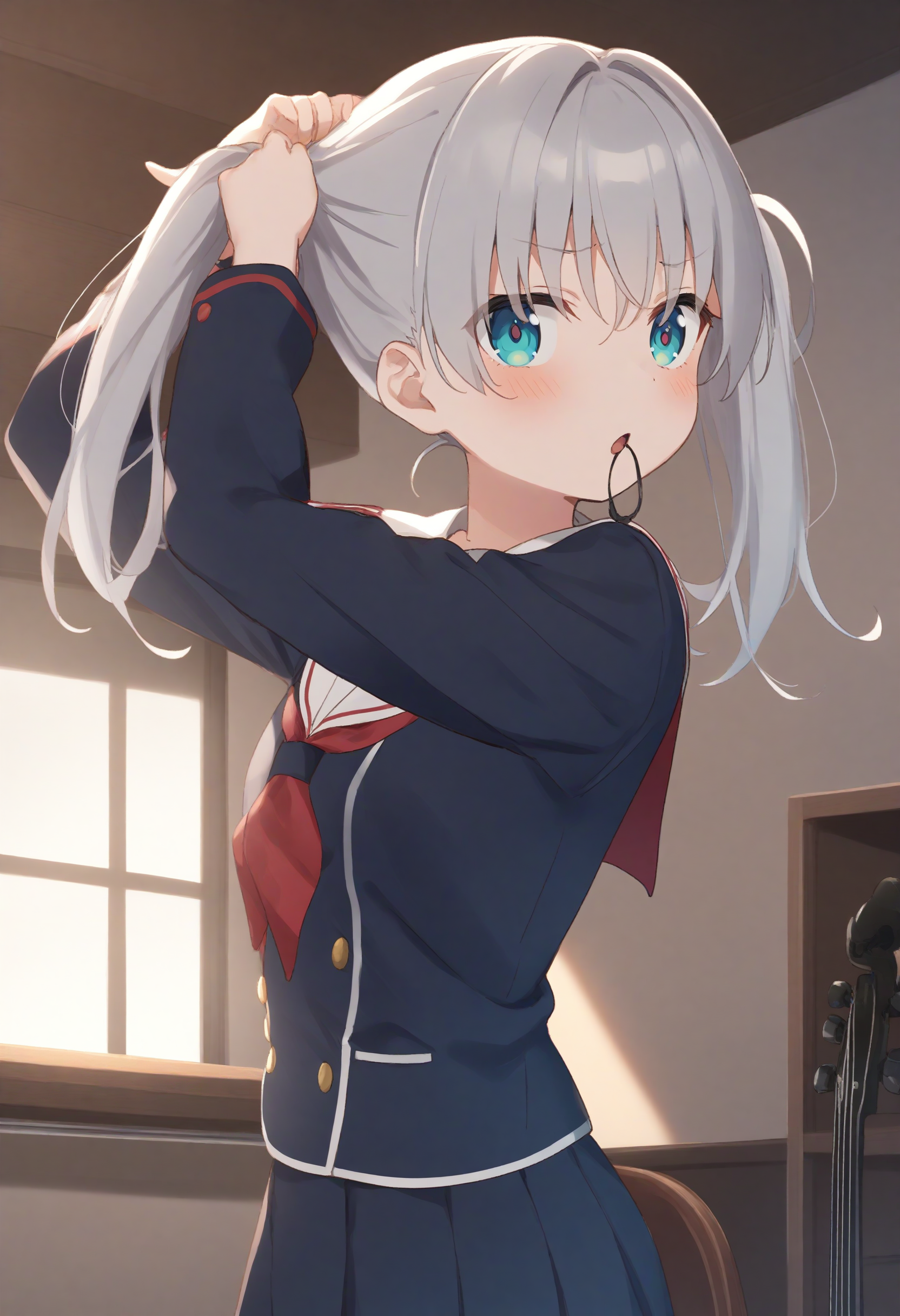 1girl,sincos, ningen mame, toosaka asagi,solo,medium breasts,school uniform,
tying hair,twintails,<lora:tyinghairtwintails_XL_v1:0.8>
from side, wide shot, looking away, silver hair, aqua eyes,dark persona, music room, open mouth,
best quality, very aesthetic, absurdres
