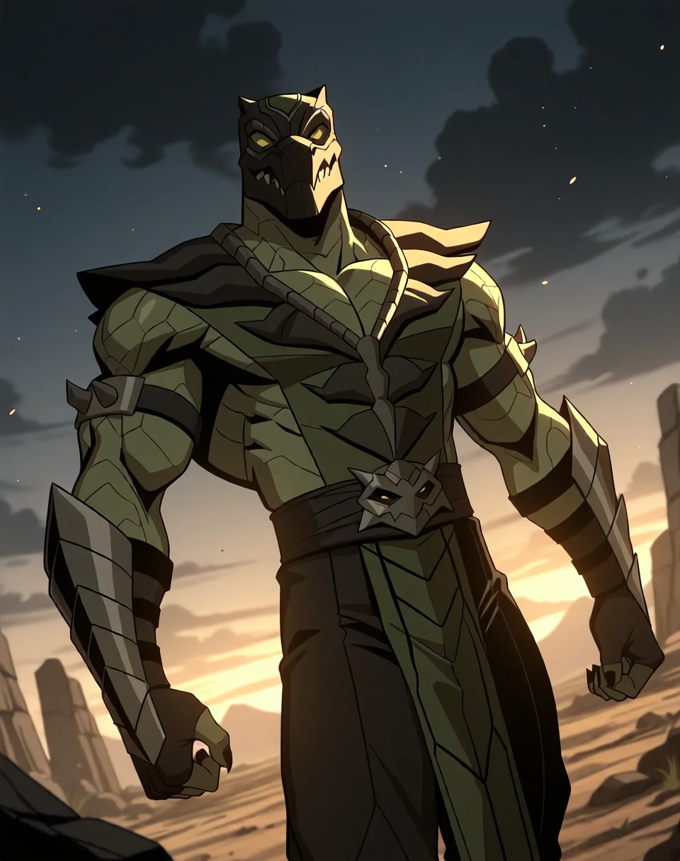 <lora:Reptile_(Mortal_Kombat_Legends_Scorpion's_Revenge)_(Illustrious)_(AD):0.85> Reptile_MK, muscular, Mortal Kombat,
dutch angle, exterior, monumental architecture, wasteland, dark night sky with black clouds, mountains, ancient Asian stone ruins,
male focus, gradient coloring, villain, cowboy shot,
BREAK very awe, aesthetically pleasing, masterpiece, best quality, amazing quality, very aesthetic, perfect depth of field shot, in'ei, source_furry, furry_art,
Smooth Quality, lazympos, IllustQualXL_Pos,
