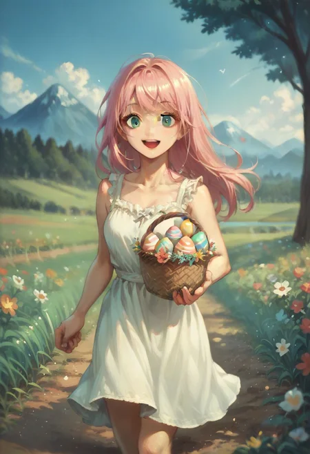 score_9, score_8_up, score_7_up, source_anime, cowboy shot, looking at viewer, smile, open mouth, surprised, 1girl, long hair, pastel pink hair, aqua eyes, bangs, sundress, holding basket, running, outdoors, easter egg, field, flower, tree, lake, mountain