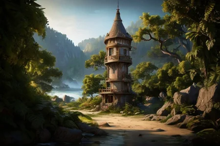 realistic analog photo, award winning photo, vary wide shot of stone witow tower:1.3, (Military watchtower), beach, dirt road, nature, outdoors, RAW, highres, 8k, uhd, High Dynamic Range, tonemapping, crisp details, no humans, palm tree, plant, rock, scenery, shore, sky, summer, sunlight, tree