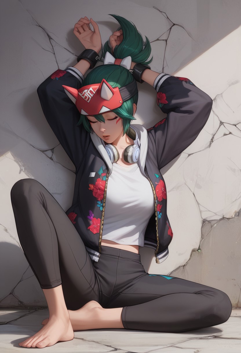 1girl, solo, score_9, score_8_up, score_7_up, cracks on wall, closed eyes, sleeping, large breasts, sitting on ground, (wrists restrained:1.5), (wrists chained:1.5), arms up, (perfect hands:1.5), feet, barefoot, (wariza:1.5), (wariza pose:1.5), KirikoXl, green hair, ponytail, facial mark, shirt, jacket, black pants, fox mask, headphones, midriff, headband, small feet, parted lips