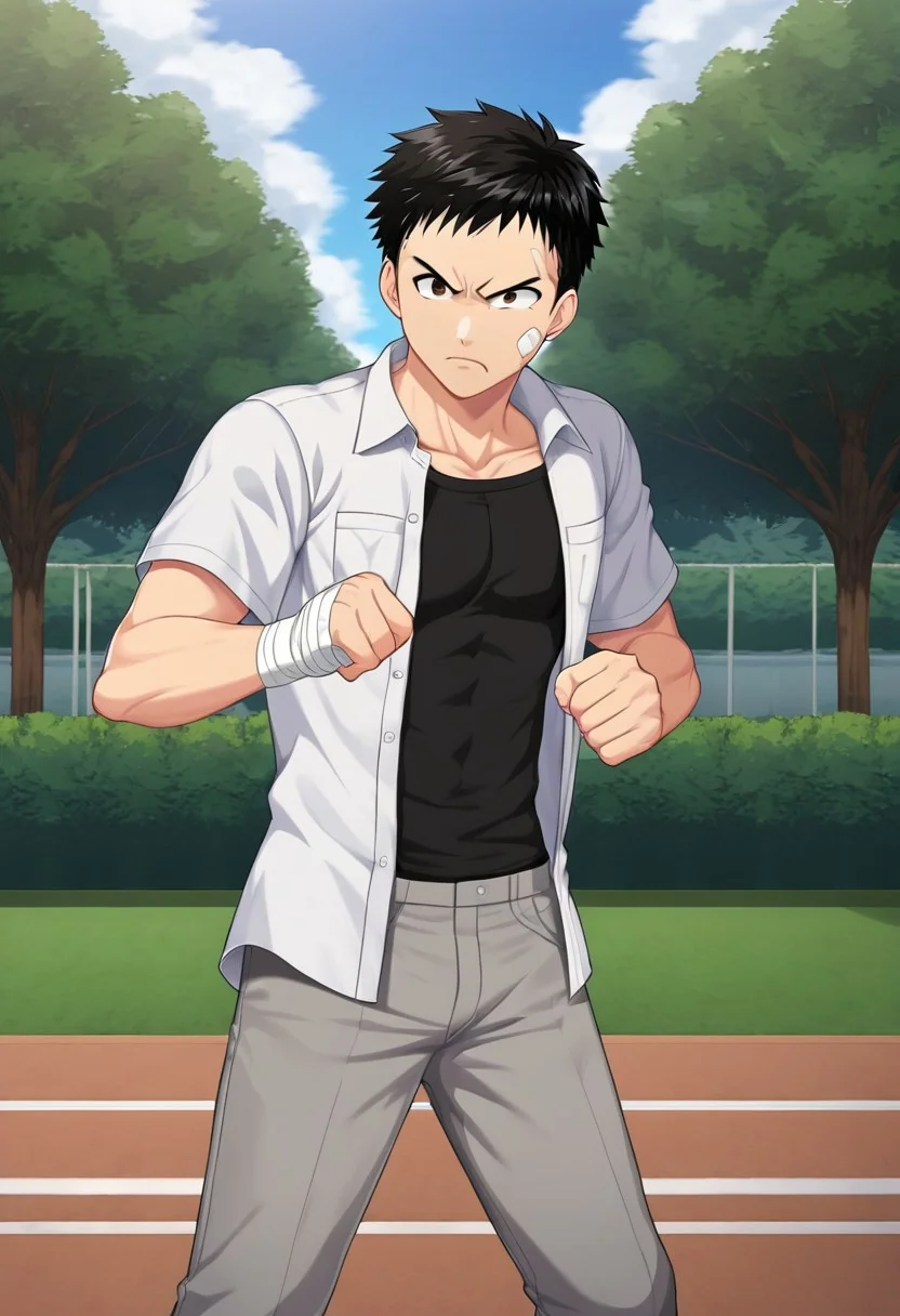 harmard, black hair, short hair, brown eyes, 1boy, solo, solo focus, wear white shirt, unbuttoned shirt, chest pocket, black t-shirt, grey pants, plaster on cheek, bandage on hands, at park, outdoor, fight pose, furious expression
