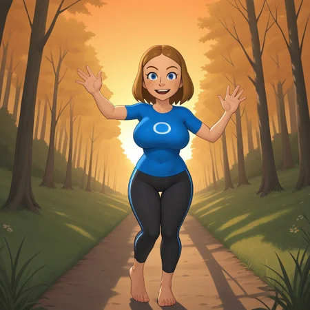 score_9, score_8, BREAK, solo, wii, mii, wii sports, 1girl, female mii, cute, dark blonde hair, blue eyes, freckles, open mouth, dark blue clothing, black pants, barefoot, AbbyWS, breasts, nintendo mii, modern_mii, classic_mii, tall, adult female, mature female, big breasts, sexy pose, self portrait, smile, looking at viewer, outdoors, sunlight, shadows, evening lighting, natural lighting, forest, trees, grass, orange sky, sunset