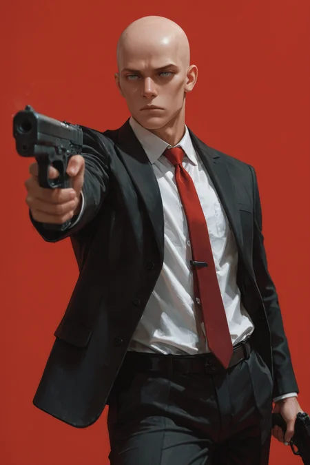 1boy, solo, male focus, bald, necktie, formal, red necktie, suit, simple background, white shirt, collared shirt, , blue eyes, , closed mouth, , jacket, black jacket, nose, , red background, expressionless,  holding gun, black handgun,  unholstering , dual wielding, dual wielding guns, suppressor, arms at sides,  cowboy shot, open clothes, 
 <lora:rimixO:0.65>, masterwork, masterpiece, best quality,  detailed, depth of field, , high detail, best quality, very aesthetic, 8k, dynamic pose, depth of field, dynamic angle, adult,  aged up