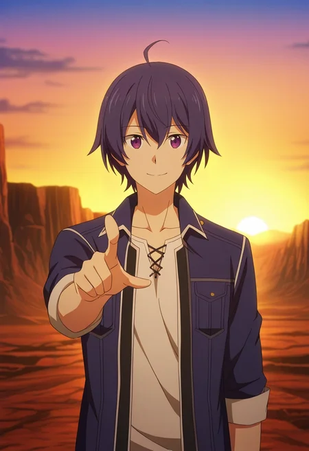 masterpiece, best quality, intricate details, anime screencap, , official style,, 1boy, solo, male focus, <lora:shin_wolford_ilxl:0.9>, shin_wolford, purple hair, purple eyes, short hair, ahoge, hair between eyes, , straight-on, death valley, dusk, pointing, happy, ,