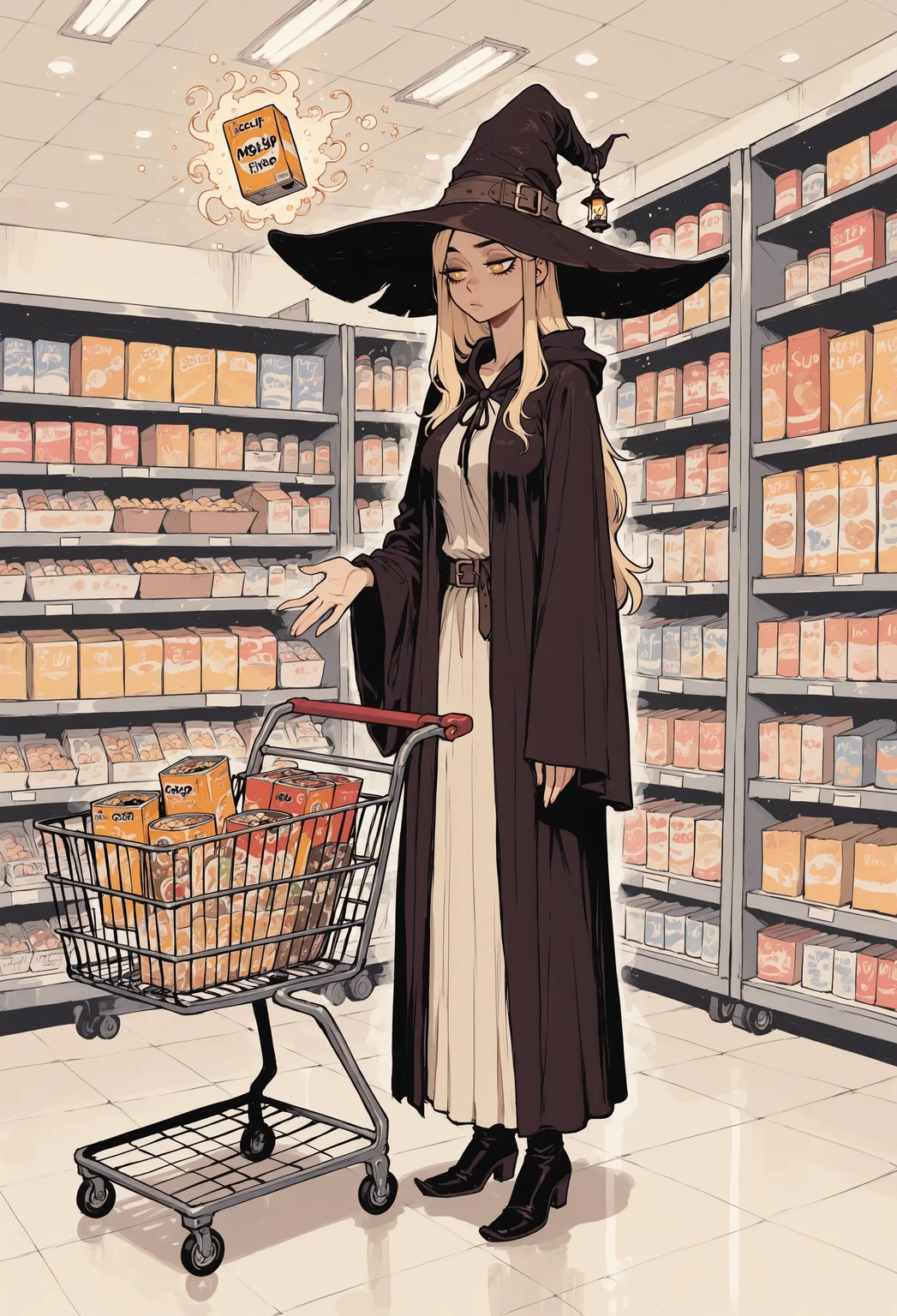 score_9, score_8_up, score_7_up, masterpiece, best quality, very aesthetic, 1woman, incoth, (incase:0.6), detailed face, (dynamic:1), blonde hair, long hair, golden eyes, white pupils, mage, mage robes, huge brim hat, witch hat, (levitating, floating:1.1), supermarket, shopping, shopping cart, shelves, bored, spell, levitating cereal boxes,