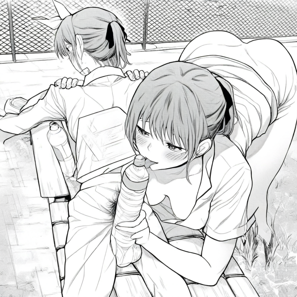 mirror, licking penis, hair ribbon, water bottle, blush, office lady, stretching, animal print, nurse, bench, downblouse, pubic hair, hands on another's shoulders, outdoors, fence, ass