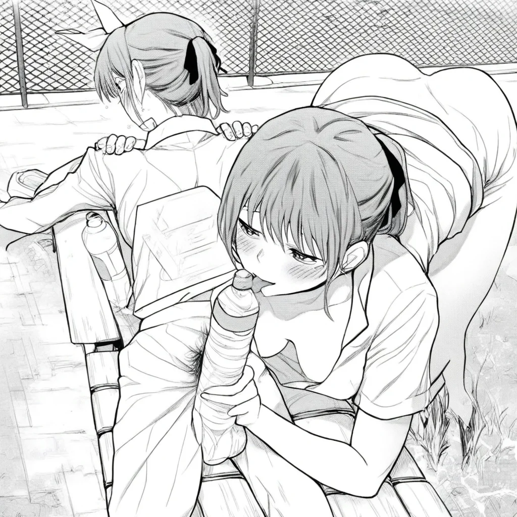 mirror, licking penis, hair ribbon, water bottle, blush, office lady, stretching, animal print, nurse, bench, downblouse, pubic hair, hands on another's shoulders, outdoors, fence, ass
