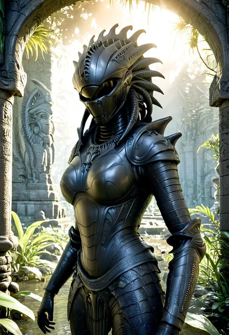 Ornamental armor, armor, Ornamental chestplate, xenomorph, monster, monster girl, circle, (fantasy ancient ruins in the swamp), intricate details, highly detailed, high resolution, HDR, realistic, dusty sunlight, ray_tracing, sun_flare, cinematic, perfect lighting, (vivid colors:1.3, color full:1.3), ultra detailed 8k cg, (best quality), (masterpiece:1.4), bokeh, depth of field, photorealistic, caustics, perfect shading,(hyperrealistic 3d render),full-length portrait