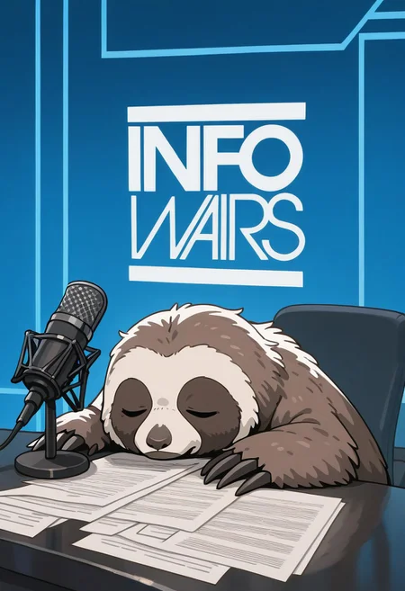 very awa, masterpiece, best quality, amazing quality, info wars, white logo, blue wall, microphone, desk, sloth, sleep, head on table