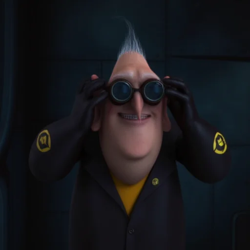 slightly mischievous expression. The character has a large head with a prominent, bald man with a large head, stylized logo. The background reveals a dimly lit, anthropomorphic character in the style of CGI animation. The character is a tall, cartoonish appearance. The character is an old man with a round face, bald head, and a ventilation shaft runs vertically on the left side of the image., is adjusting his goggles with both hands. His attire includes black gloves with yellow accents and a small, black-rimmed glasses perched on the bridge of his nose., unbuttoned to reveal a yellow shirt underneath, glowing, elderly man with a bald head and round glasses perched on the end of his long, dark sunglasses, looking confident and authoritative