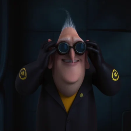 slightly mischievous expression. The character has a large head with a prominent, bald man with a large head, stylized logo. The background reveals a dimly lit, anthropomorphic character in the style of CGI animation. The character is a tall, cartoonish appearance. The character is an old man with a round face, bald head, and a ventilation shaft runs vertically on the left side of the image., is adjusting his goggles with both hands. His attire includes black gloves with yellow accents and a small, black-rimmed glasses perched on the bridge of his nose., unbuttoned to reveal a yellow shirt underneath, glowing, elderly man with a bald head and round glasses perched on the end of his long, dark sunglasses, looking confident and authoritative
