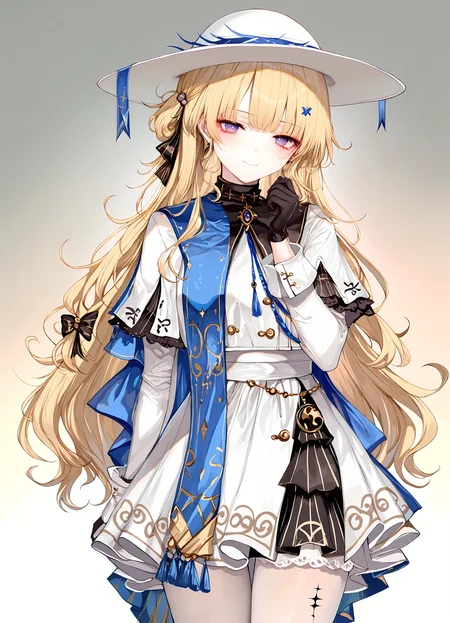 (masterpiece,best quality), hito komoru, (sheya:0.8), icomochi, momoko \(momopoco\), 1girl, phoebe, white hat, black gloves, leg tattoo, white pantyhose, cowboy shot, smile, gradient background, hand up, <lora:phoebe-wwIL-v1:0.9>