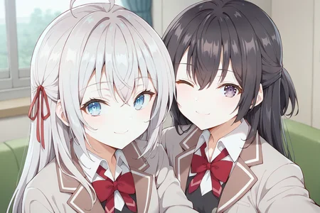 score_9, score_8_up, score_7_up, source_anime, 2girls, sitting, looking at viewer, smile, upper body, blurry background, indoors, room, BREAK
1girl, <lora:alya_anime_v2-soralz:0.5>, alya, long hair, silver hair, ahoge, crossed bangs, hair ribbon, sidelocks, blue eyes, school uniform, grey jacket, open jacket, long sleeves, red bow, white shirt, collared shirt, black vest, buttons, black dress,
BREAK
1girl, <lora:yuki_suou_anime_v5-soralz:0.5>, yuki suou, black hair, long hair, half updo, hair between eyes, purple eyes, school uniform, grey jacket, open jacket, long sleeves, red bow, white shirt, collared shirt, black vest, buttons, pleated, one eye closed, selfie,