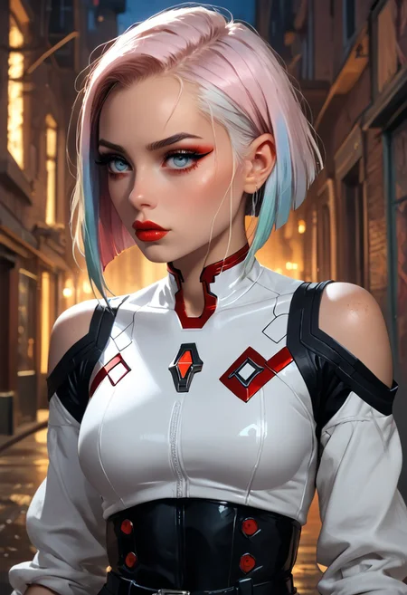Stable_Yogis_PDXL_Positives, (score_9, score_8_up, score_7_up), source_nsfw, ((face focus, eye focus, dynamic angle, motion)), 1girl, fantasy, ((pureerosface_xl)), 
BREAK,
(1girl, solo, mature female, adult), ((1girl, lucy, short hair, bangs, multicolored hair, multicolored eyes, red eyeliner, makeup)), ((bare shoulders, black belt, bodysuit, highleg leotard, white open jacket, white short shorts, hip vent, thighhighs, boots)), breathless intimacy, textured skin, leggings, petite model bombshell, delicate features, narrow pointy nose, tiny nose, lust, big eyes, seductive eyes, detailed skin, flared lashes, mascara, makeup, breasts, athletic body, narrow waist, wide hips, ((tiny waist)), slender figure, sensual gaze, 
warm light, detailed, two arms, 
BREAK,
cyberpunk city, neon, murano glass, stained-glass, graffiti, dirty, brick, night,