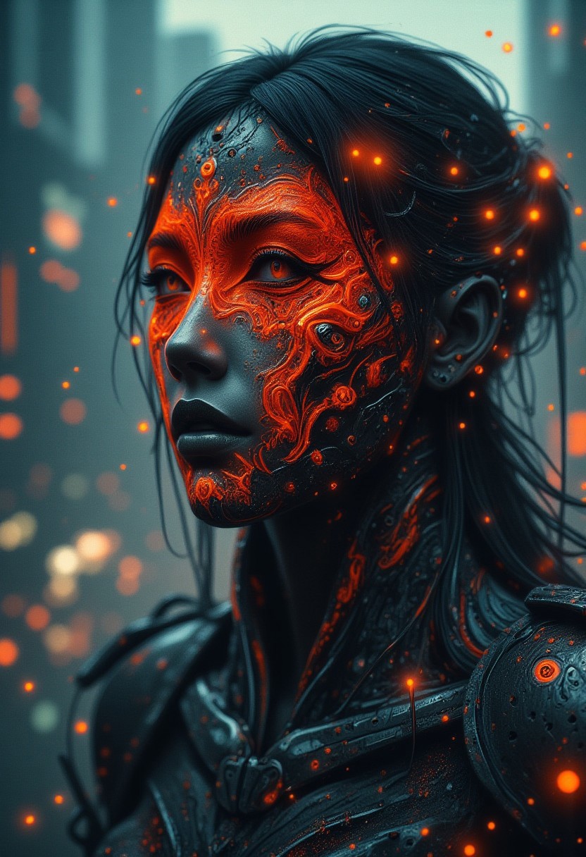 Motion lines, Action Scene, floating particles, Atmospheric haze, foggy atmosphere, high quality movie shot of a woman wearing an glowing cyberpunk armor, Highly detailed close-up action scene of a knightess in intricately patterned armor. Long billowing hair, The focus is on the knightess ethereal eerie laughing vibrant translucent princess mask, showcasing intricate designed lines that are emitting light streams, a pale blur of light that trails with the swift motion, capturing the dynamic speed of the fighter. The scene is set in a misty, fog-filled night with a desaturated color palette. The background is hazy Metropolis, while motion streaks and dynamic lighting enhance the sense of speed and intensity, with the knight’s glow piercing through the mist, impressive powerful stance, very detailed, moody DARK dystopian villain themed analog photo,
lot of black colors, gray colors, red colors, very little of blue colors, little of brown colors, very little of cyan colors, little of pink colors, very little of orange colors