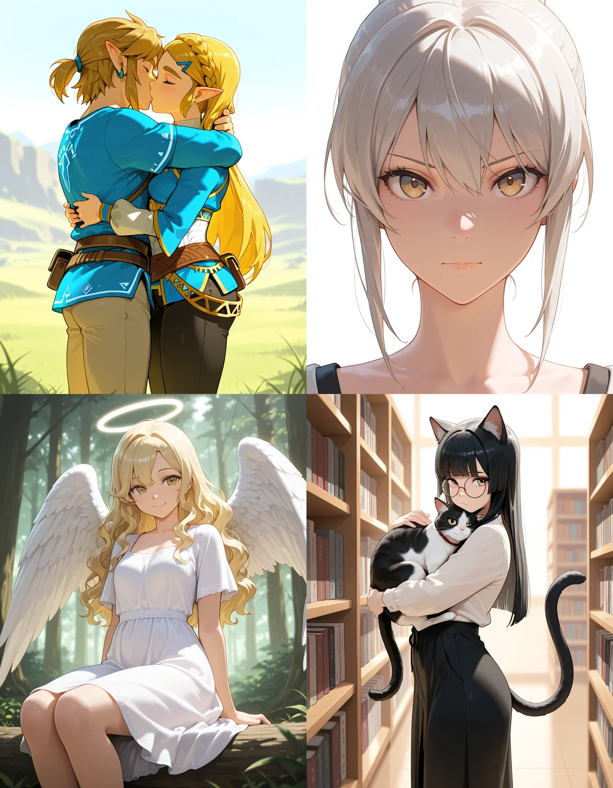 https://civitai.com/articles/8642 __ 1st image: masterpiece, best quality, 1girl, 1boy, princess zelda, the legend of zelda: breath of the wild, standing, kiss, hug, closed eyes, outdoors __ 2nd image: masterpiece, best quality, 1girl, face, portrait, looking at viewer, closed mouth __ 3rd image: masterpiece, best quality, 1girl, solo, blonde hair, wavy hair, angel, angel wings, halo, smile, sitting, forest, white dress __ 4th Image: masterpiece, best quality, 1girl, solo, long hair, black hair, blunt bangs, straight hair, round eyewear, cat girl, cat ears, cat tail, standing, hug, cat, looking at viewer, library