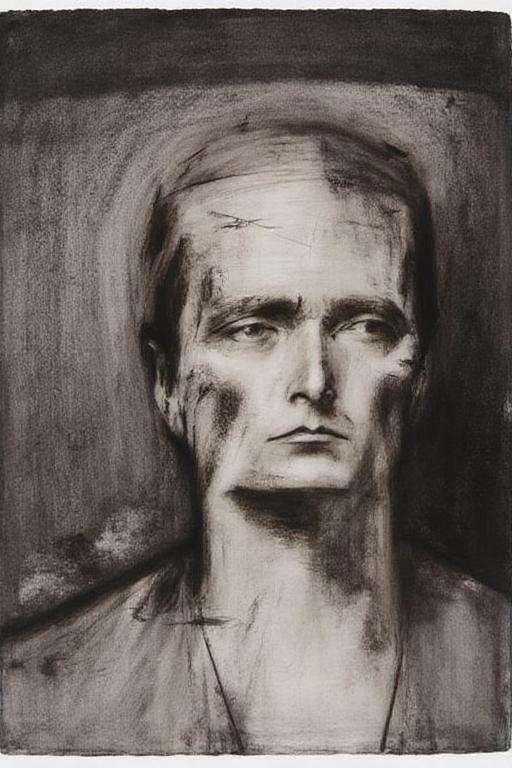 fraauer1 painting. A charcoal drawing on paper, featuring a stylized, abstracted portrait of a man's face, with pronounced, angular features. The drawing is rendered in shades of dark gray and black, giving it a somber, almost ominous tone. The subject's face is depicted in a fragmented, almost Cubist style, with various parts of the face overlapping and intersecting in a chaotic, yet somewhat symmetrical manner. <lora:fraauer1_cap_d6a3:1.0><lora:811766995528915911:0>